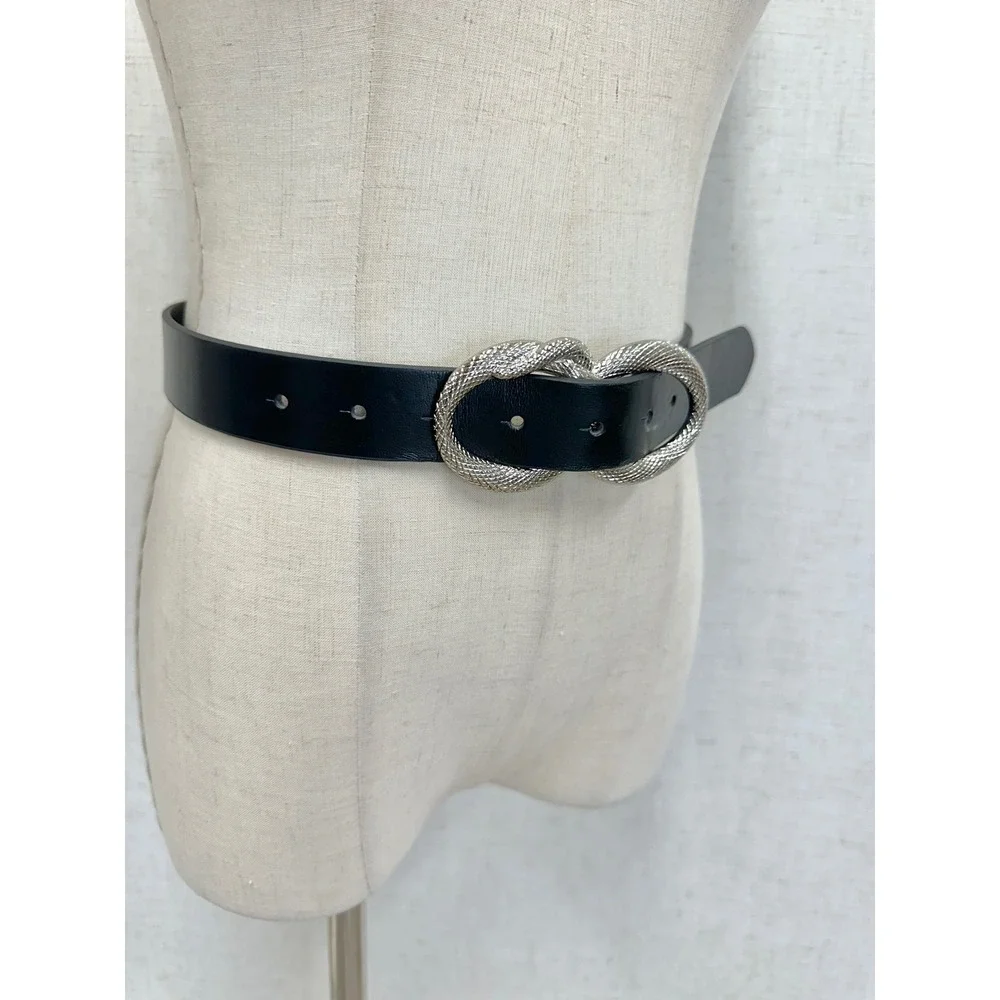 Double Snake Silver Textured Infinity Buckle Black Faux Leather Belt Size M